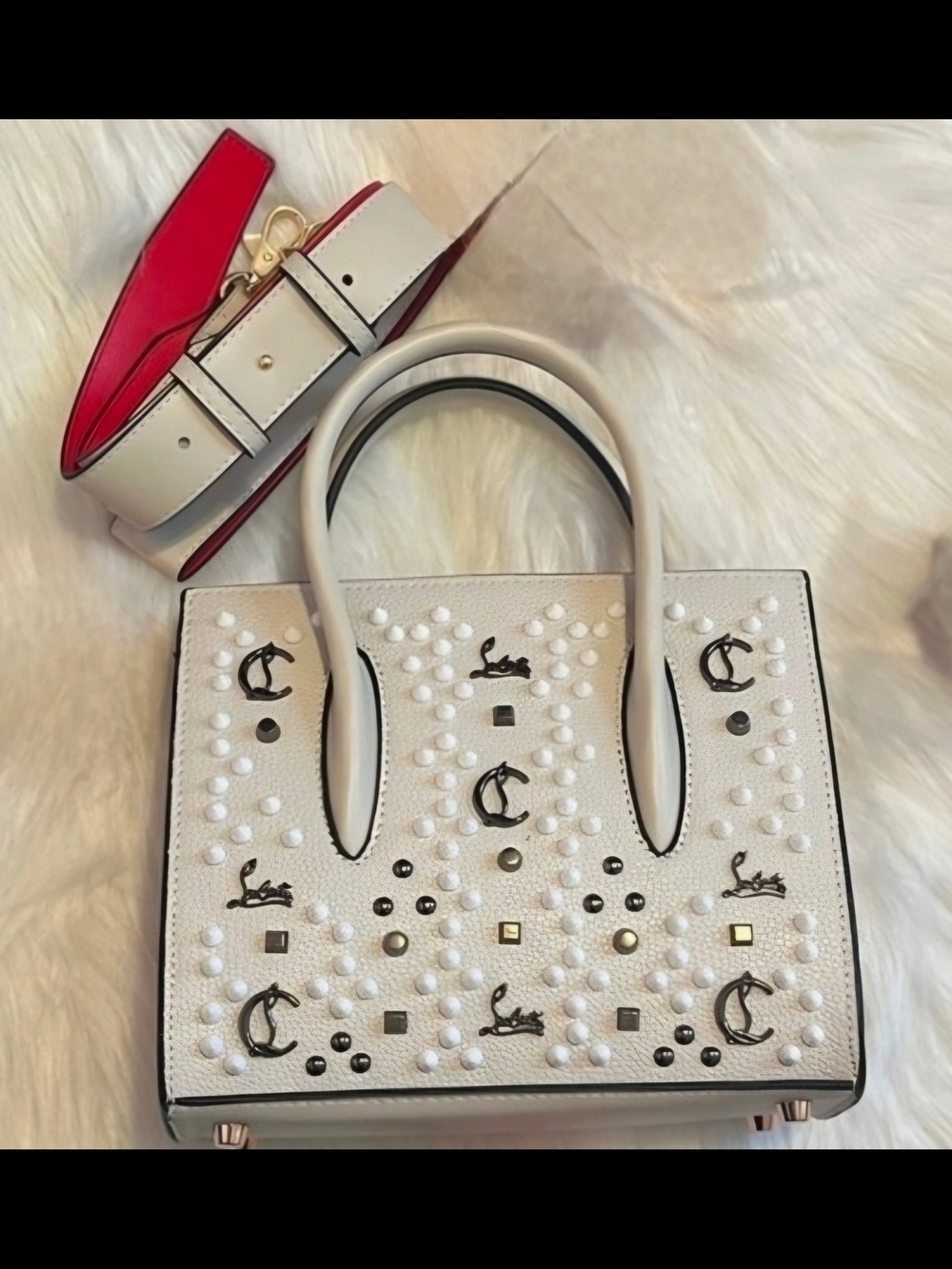 Beige Grey Mini PALOMA LOUBOUTIN Embellished Satchel Handbag with Contrast Strap